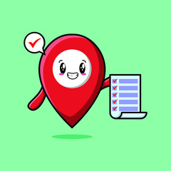 Cute cartoon pin location character holding checklist note in concept 3d cartoon style