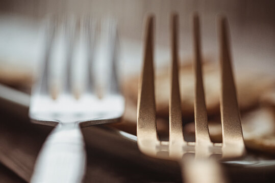 Close-up of two forks leaning on the edge of a plate