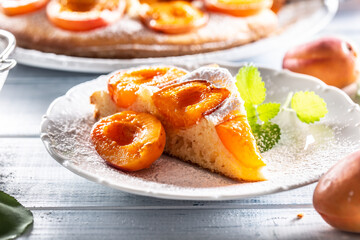 A piece of apricot pie on a plate with mint leaves.