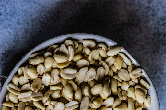 Overhead view of a bowl of peanuts