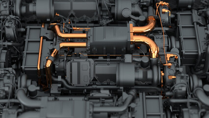 Mechanical parts on a dark background with copper pipes. Technological pattern of machine elements. Engine details. 3d illustration