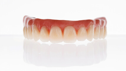 dental prosthesis of the upper jaw with an artificial gum of pink color on a white background