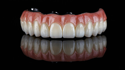 beautiful upper jaw prosthesis made of zircon with a pink artificial gum on black glass with...
