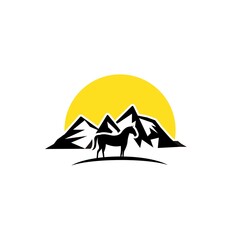 Horse with mountain logo vector. Silhouette of horse head and hill illustration. Icon for professional ranch also wild tourism traveling business company. For web sites, brands, apps