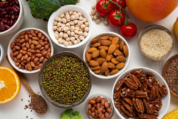 Overhead view of superfoods vegan chick pea seeds protein nuts seasame