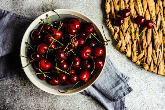 Overhead View Of A Bowl Of Organic Cherries