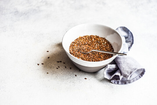 Close-up of a bowl of organic flax seeds
