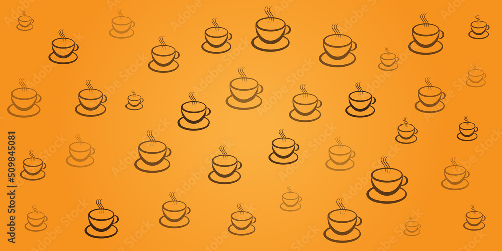 Aufkleber lots of brown coffee cup or soup bowl icons of various sizes - pattern on wide scale orange backgrou