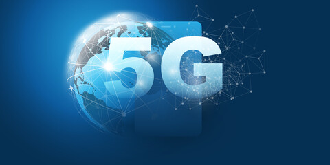 5G Network Label with Earth Globe, Smart Phone Symbol and Polygonal Mesh Background - High Speed, Broadband Mobile Telecommunication and Wireless Internet Design Concept