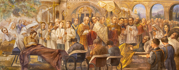 BARI, ITALY - MARCH 3, 2022: The fresco of eucharistic procession in the Lurdes in church Chiesa di...