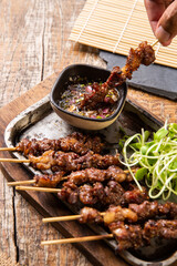 Sirloin BBQ dipping sauce select focus point.Thai food,Top view,close up,World food day