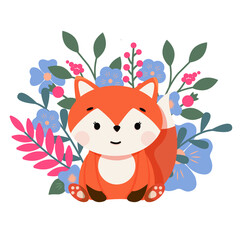 orange cute fox in flowers