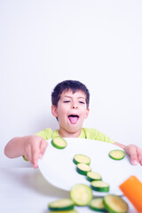 child who hates vegetables useful for his growth throws the plate with an angry look and refuses to eat them