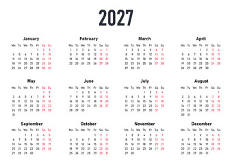 White Calendar 2027. Graphic elements for website, seasons and months. Interface for applications or program. Notification and reminder, red numbers to mark weekend. Cartoon flat vector illustration