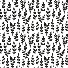 Small leaves silhouettes seamless pattern. Hand drawn black branches with small leaves. Foliage vector background. Vector repeating texture with stylized branches. Delicate subtle botanical background