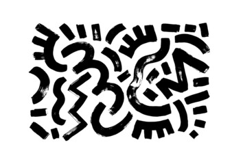 Memphis design vector grunge elements. Tribal and rustic ink illustration. Abstract black brush doodle textures. Curled lines, zig zag brush strokes, hand drawn small dashes. Chaotic scribbles set. 