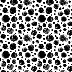 Grunge black circles vector seamless pattern. Hand drawn black paint round stamps. Geometric abstract ornament. Uneven specks, rough blobs, bold spots. Modern trendy monochrome vector ornament