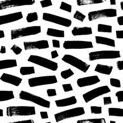 Abstract black ink dash seamless pattern. Vector Memphis style background with dashes. Geometric black and white simple texture. Doodle pattern in Scandinavian style. Small horizontal brush strokes