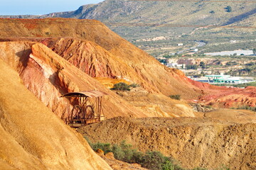 Obsolete ore extraction tower in a disused and abandoned mine in Mazarrón in Murcia