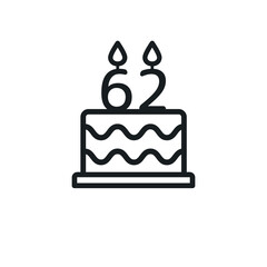 Birthday cake line icon with candle number 62 (sixty-two). Vector.