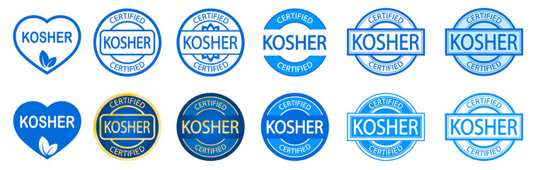 Set of Kosher food products labels, badges or logos. Sticker design. Stamp