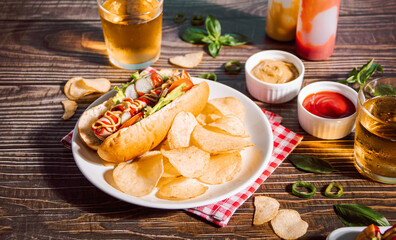 Delicious homemade hotdogs with chips and glasses of beer on wooden table.