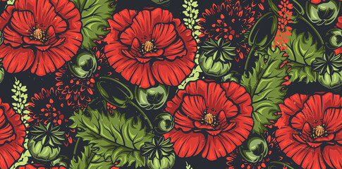 Vintage seamless background with flower. Red poppy. Ideally for fabric print, postcard and other uses. - obrazy, fototapety, plakaty