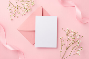 Birthday party invitation concept. Top view photo of pink envelope postal curly ribbons and white gypsophila flowers on isolated pastel pink background with copyspace