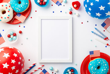 Fourth of July concept. Top view photo of photo frame US national flags balloons confetti candles paper baking molds straws candies and plates with donuts on isolated white background with blank space