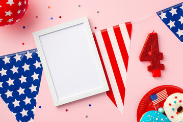 Obraz premium Fourth of July concept. Top view photo of photo frame over US national flag garland number 4 candle plate with glazed donuts balloon and confetti on isolated pastel pink background with copyspace