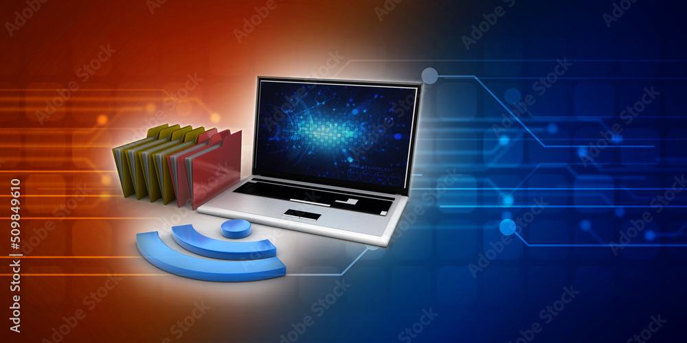 Poster 3d rendering folder connected to computer network with wifi