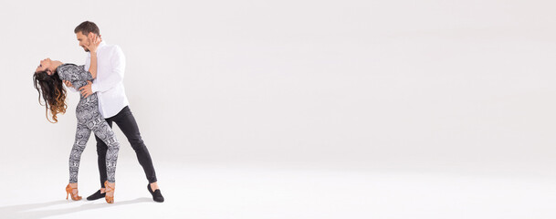 Banner dancing social latin dance bachata merengue salsa. Two elegance pose on white background