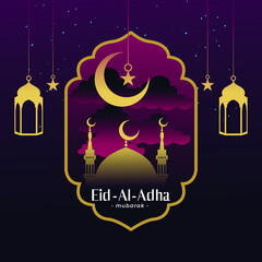 Eid Mubarak attractive design with lantern star mosque moon mihrab and cloud