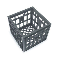 3d Grey Plastic Crate Template. Photo Realistic Vector Rendering Isolated On White Background. Perspective View