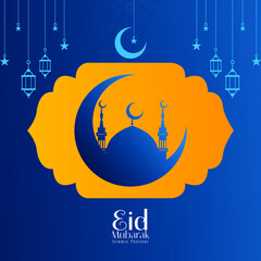 Eid Mubarak Greeting Islamic Illustration Background with mosque moon and mihrab