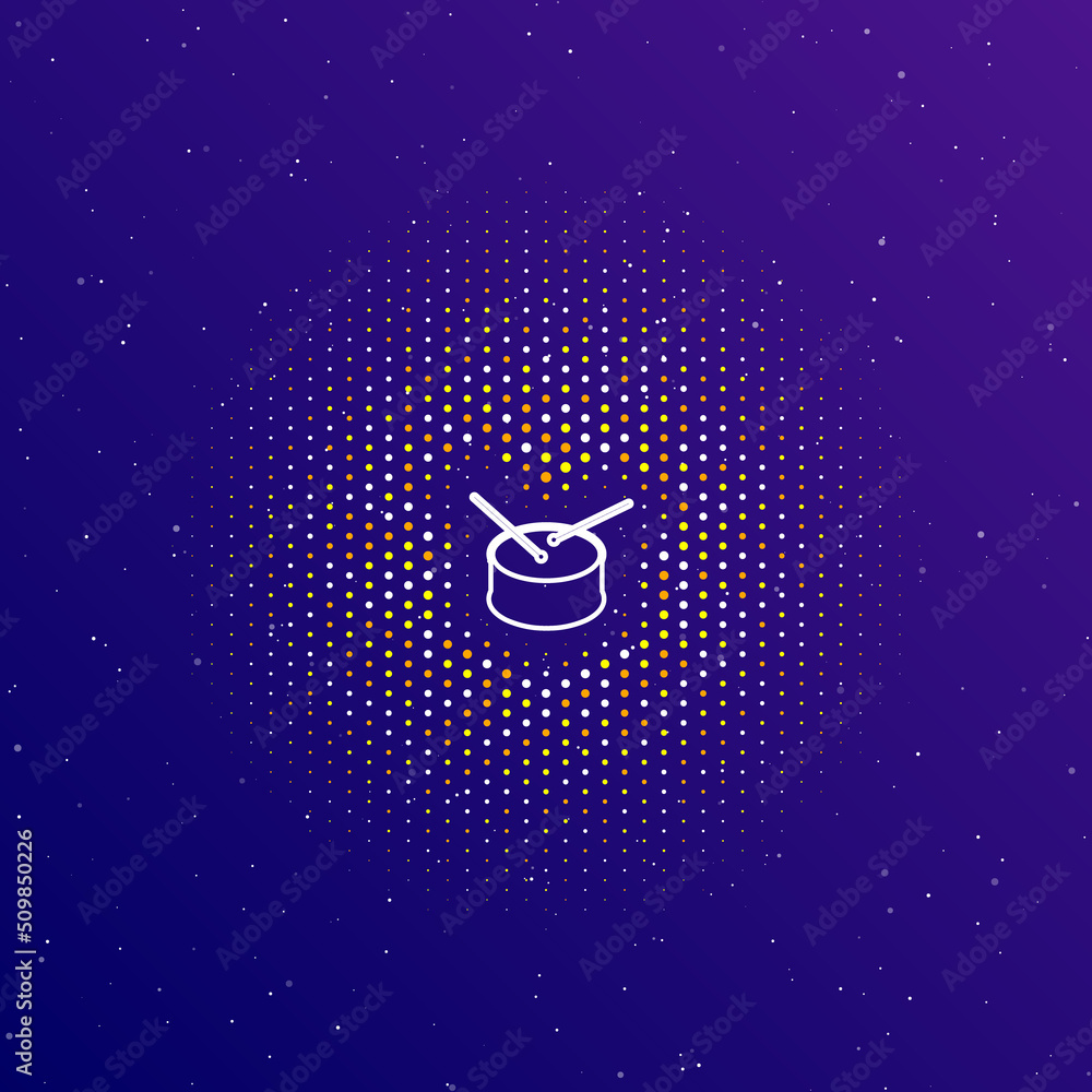 Poster a large white contour drum symbol in the center, surrounded by small dots. dots of different colors 