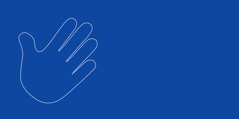 A large white outline hand on the left. Designed as thin white lines. Vector illustration on blue background