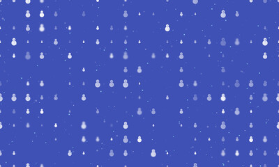 Seamless background pattern of evenly spaced white Christmas snowmans of different sizes and opacity. Vector illustration on indigo background with stars