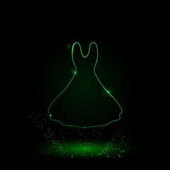 A large green outline flared dress symbol on the center. Green Neon style. Neon color with shiny stars. Vector illustration on black background