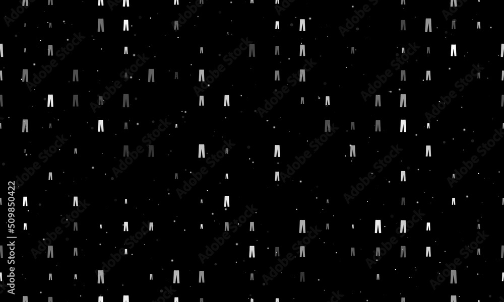 Poster Seamless background pattern of evenly spaced white pants symbols of different sizes and opacity. Vector illustration on black background with stars