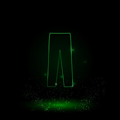 A large green outline pants symbol on the center. Green Neon style. Neon color with shiny stars. Vector illustration on black background