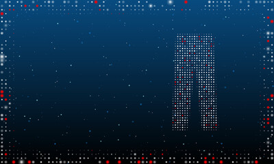 On the right is the pants symbol filled with white dots. Pointillism style. Abstract futuristic frame of dots and circles. Some dots is red. Vector illustration on blue background with stars