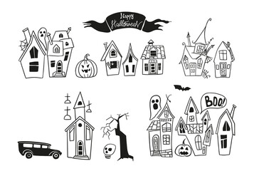Halloween houses. Gloomy street - silhouette drawings. Hand drawn sketch.