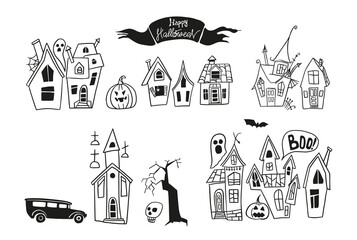 Fototapeta premium Halloween houses. Gloomy street - silhouette drawings. Hand drawn sketch.