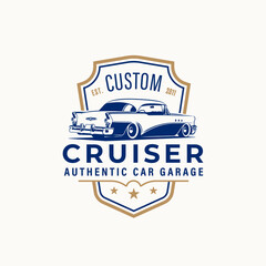Lowrider logo template. Vintage style vector illustration element for retro design label. Suitable for garage, shops, tires, car wash, car restoration, repair and racing. Authentic car garage logo - obrazy, fototapety, plakaty