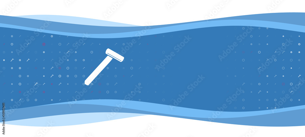 Poster blue wavy banner with a white mens razor symbol on the left. on the background there are small white