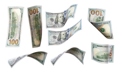 Dollars, flying money, curved in different ways, isolated on a white background.