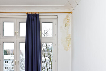 Orange and green mold or mildew growing behind the drapes on a damp patch of a white external wall...