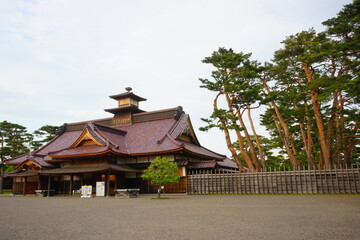 Historical Magistrate's Office at Hakodate Goryokaku fort surrounded by canal from Goryokaku Tower in Hokkaido, Japan - 日本 北海道 函館市 五稜郭 箱館奉行所
