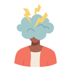 Woman with cloud and lightening on her head. Negative emotions. Vector flat illustration.